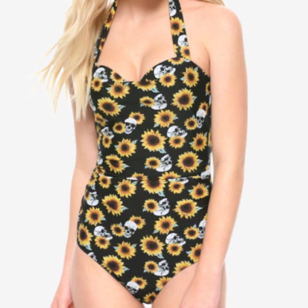 Hot Topic Sunflower Skull One Piece Tie Swimsuit